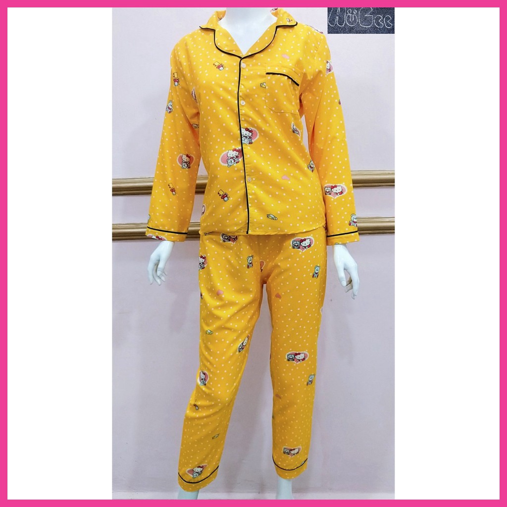 [FREESIZE] Đồ bộ mặc nhà Pijama HUGEE cao cấp vải Kate Thái loại 1 màu  vàng họa tiết Hello Kitty A002