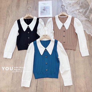 Áo len dáng ghi lê kết hợp tay áo kiểu
