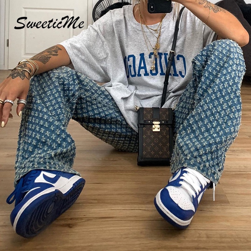 Quần Jeans Nữ Lưng Cao Ống Rộng Rách Gối Cá Tính Thiết Kế Mới