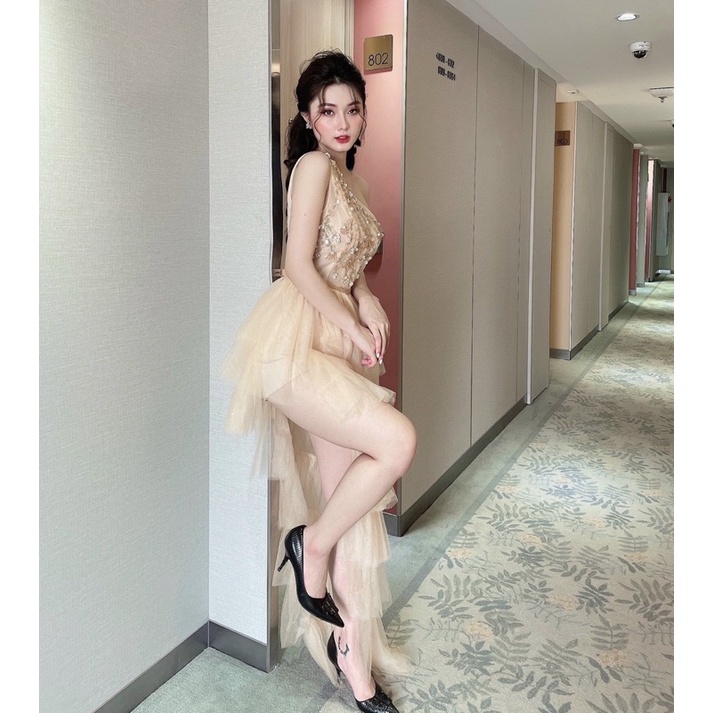 Đầm jum dự tiệc 1 vai xếp tầng kết cườm có quần trong dễ măc TRIPBLE T DRESS - size M/L - MS370V