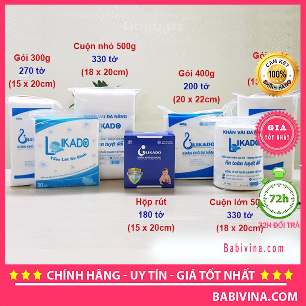 Khăn khô đa năng LIKADO 300g/400g cho bé mềm mịn không mùi, không chất bảo quản, không kích ứng