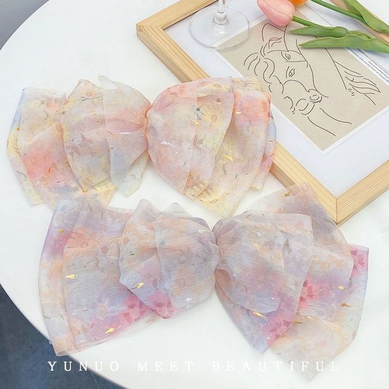 Kẹp Tóc Hình Nơ Lưng Bằng Vải Voan Phối Lông Thời Trang Xuân Hè Xinh Xắn Cho Nữ