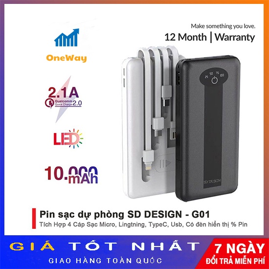 Sạc dự phòng chính hãng SD DESIGN G01 dung lượng 10.000 mAh có đầy đủ chân sạc cho iphone, samsung, xiaomi,...