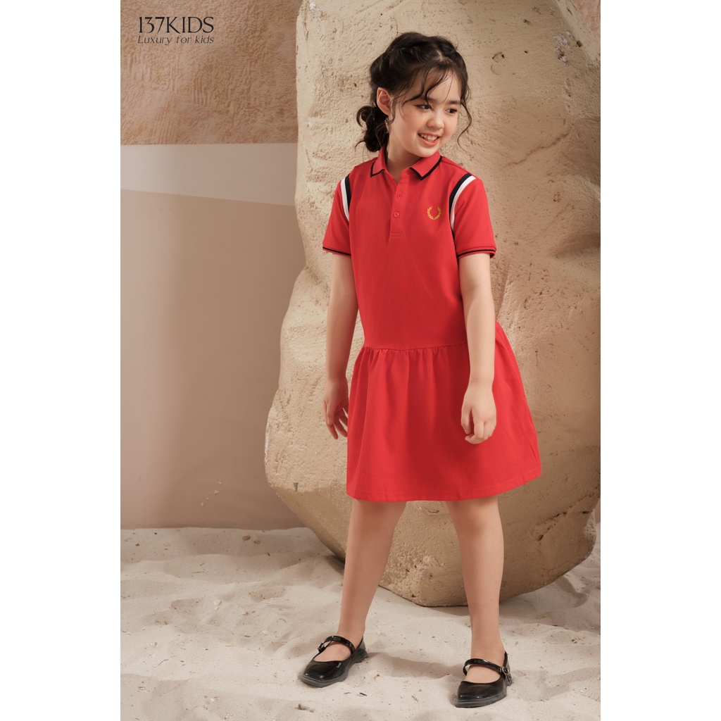 Váy polo đỏ sọc vai thiết kế 137Kids chất cotton thấm hút mồ hôi tốt cho bé gái đi chơi đi học
