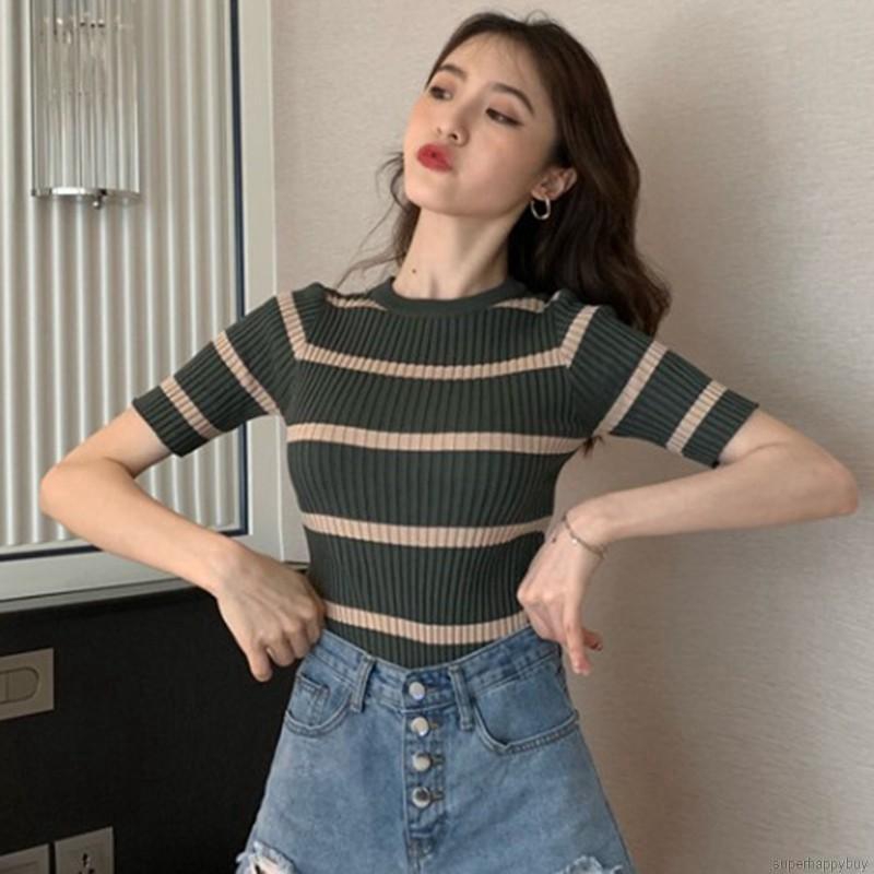 Áo dệt kim đơn giản sọc ngang ngắn tay dành cho nữ
