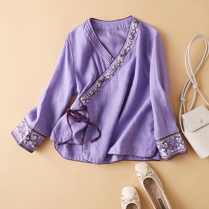 Áo Cotton Lanh Dáng Rộng Thêu Họa Tiết Thủ Công Phong Cách Dân Tộc Retro Mùa Hè Mới Cho Nữ