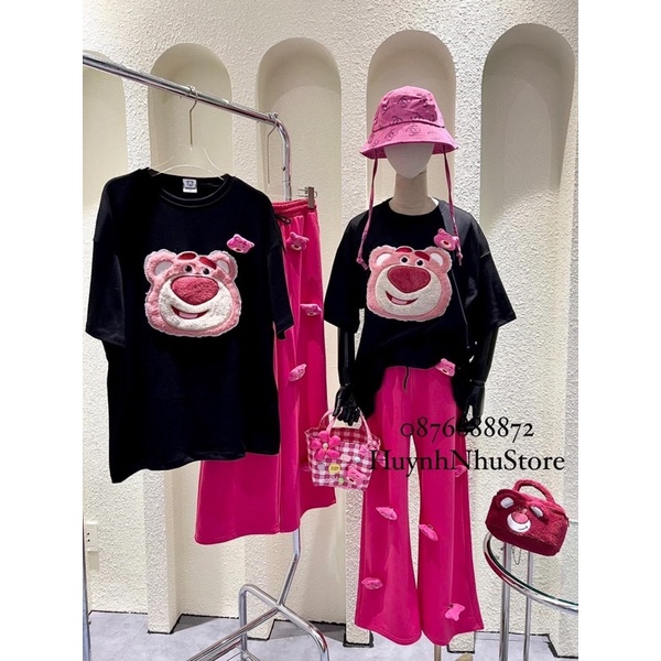 Set áo cotton gấu thêu quần suông đính gấu hình thật