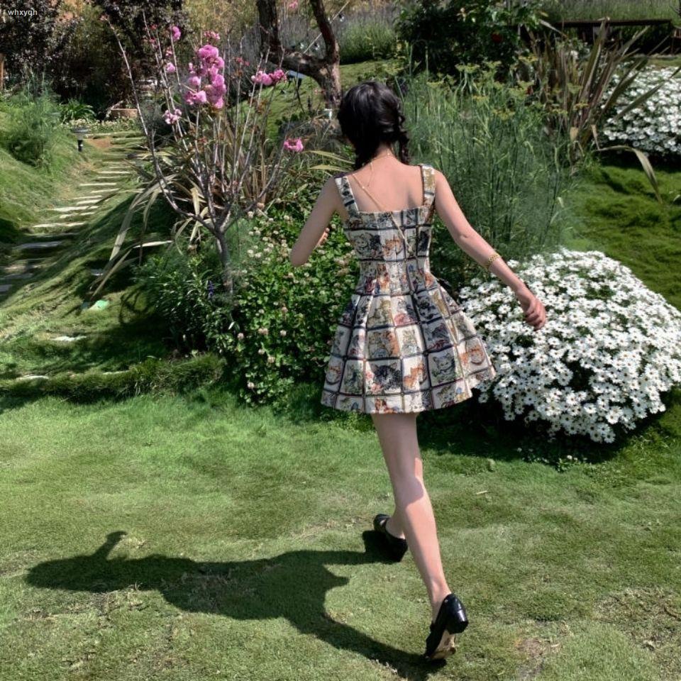 Đầm Hai Dây Dáng Ôm In Họa Tiết Mèo Phong Cách Retro Quyến Rũ Thời Trang Mùa Hè Mới