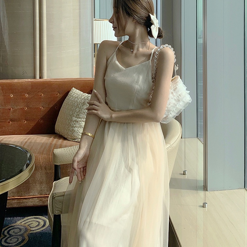 IELGY Đầm Dài Không Tay Cổ Chữ V Màu Trơn Thời Trang Dành Cho Nữ