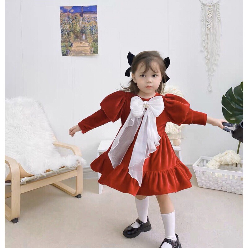 váy nhung đỏ chanh xả cho bé gái