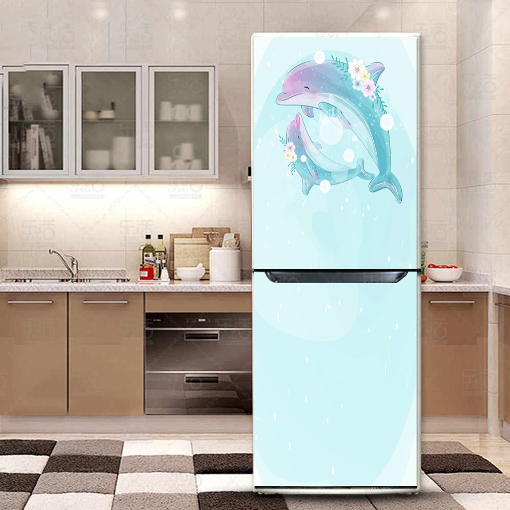 Decal trang trí tủ lạnh mẫu gia đình cá heo chống thấm cao cấp độ phai màu trên 10 năm