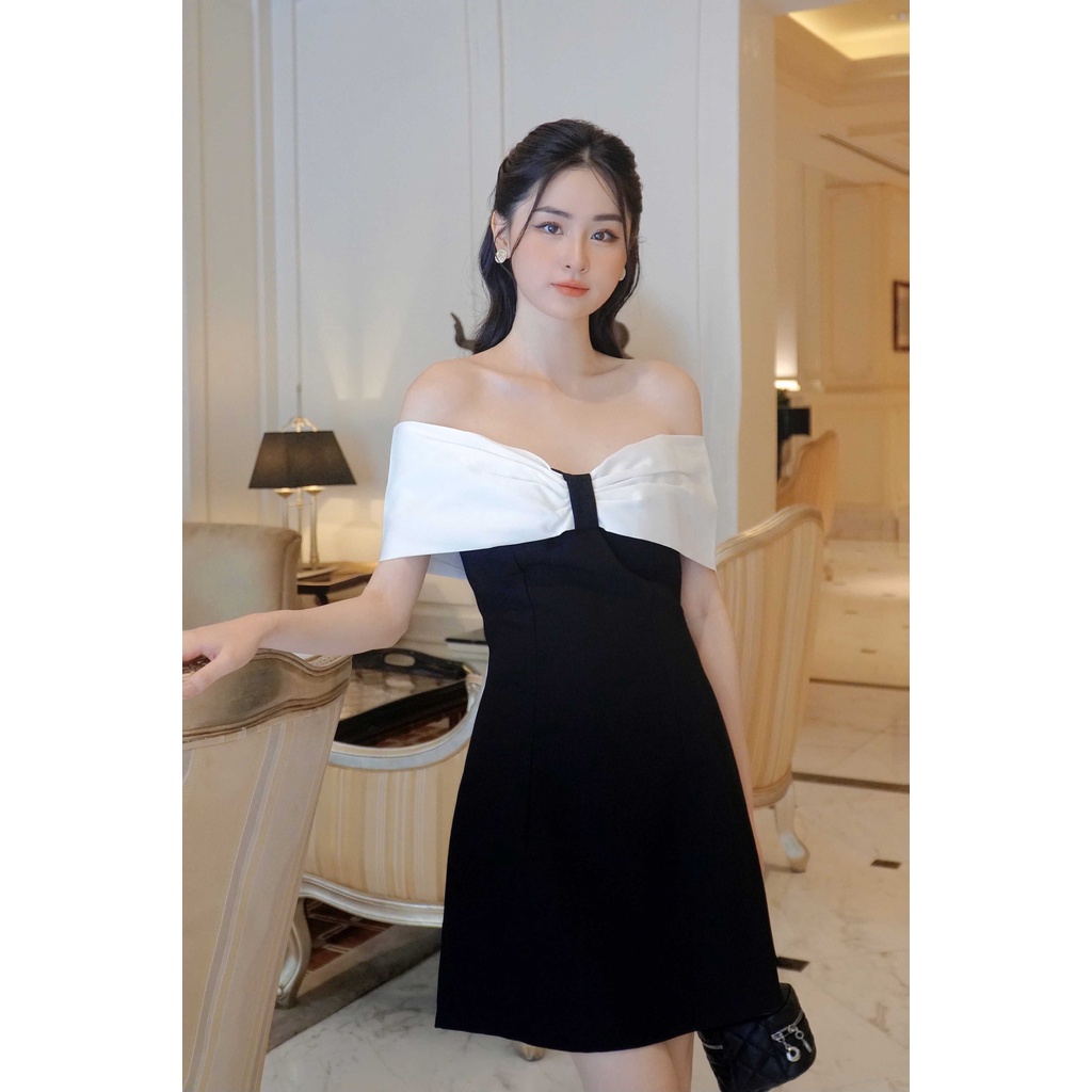 Váy trễ vai xếp nơ đen trắng cao cấp Emma Dress - Hàng Chất Lượng Cao