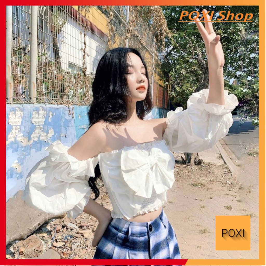 [ẢNH THẬT] Áo Rớt Vai Đính Nơ Ngực Lớn (TRẮNG)