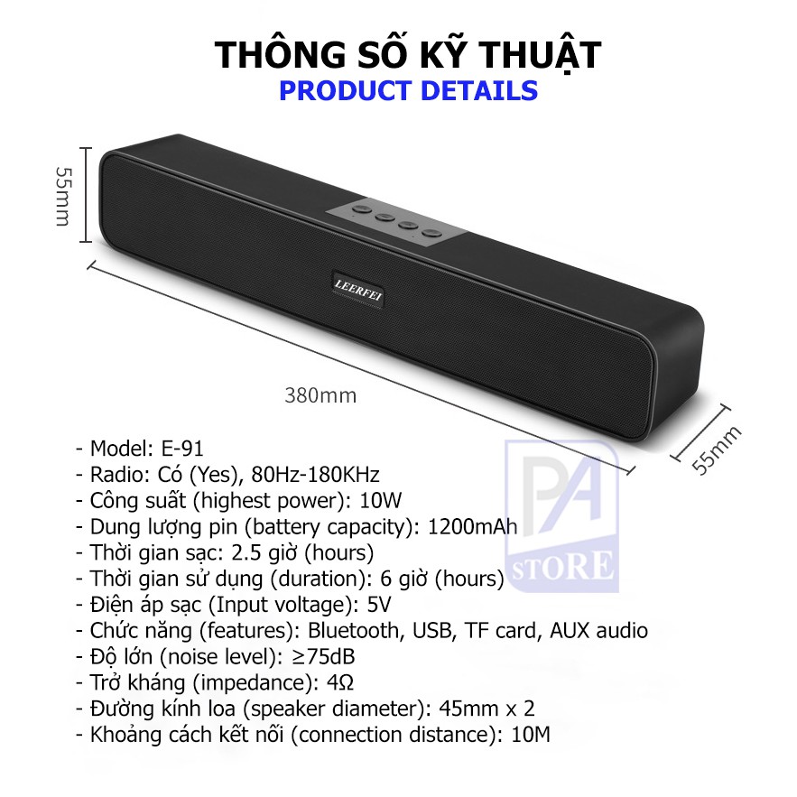 [Free Ship] Loa Thanh Đôi Soundbar 2.2 Bluetooth E91 10W, Pin dung lượng lớn, âm thanh sống động, Hổ trợ thẻ nhớ,USB