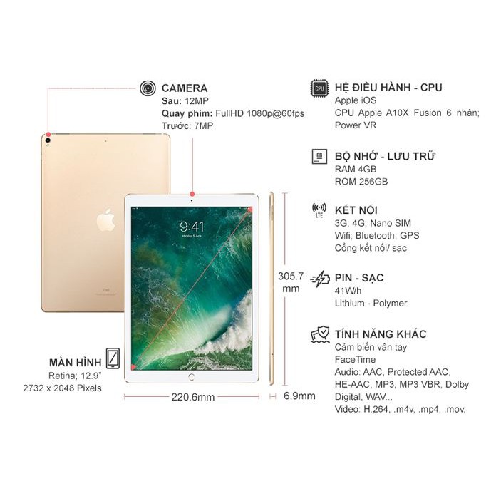 Máy tính bảng Apple IPAD PRO 12.9INCH 4G WI-FI 256GB GOLD (2017) GEN 2 - Hàng nhập khẩu QUỐC TẾ MỸ chính hãng.