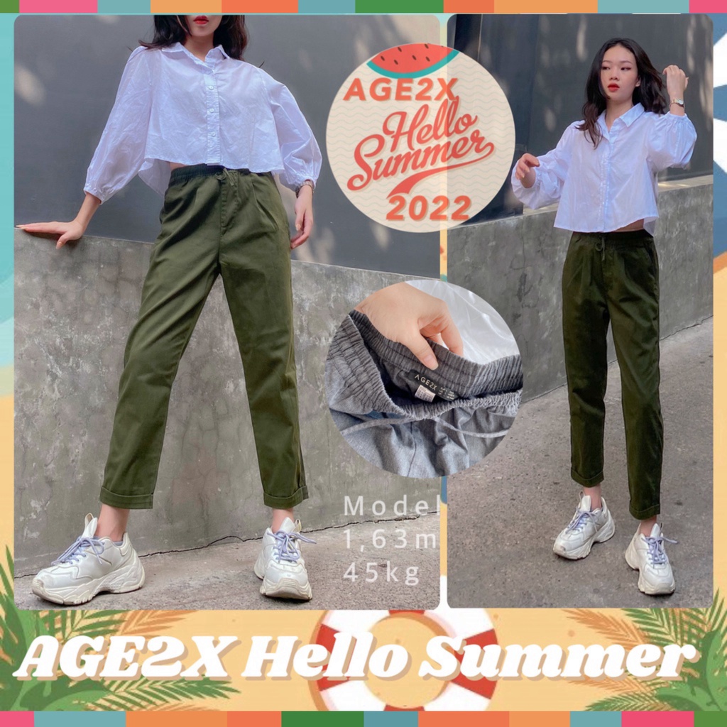 Quần Baggy kaki nữ AGE2X Chất liệu an toàn và lành tính, mềm mát, có phối sọc gân co giãn tốt, phù hợp bạn gái < 1,65m