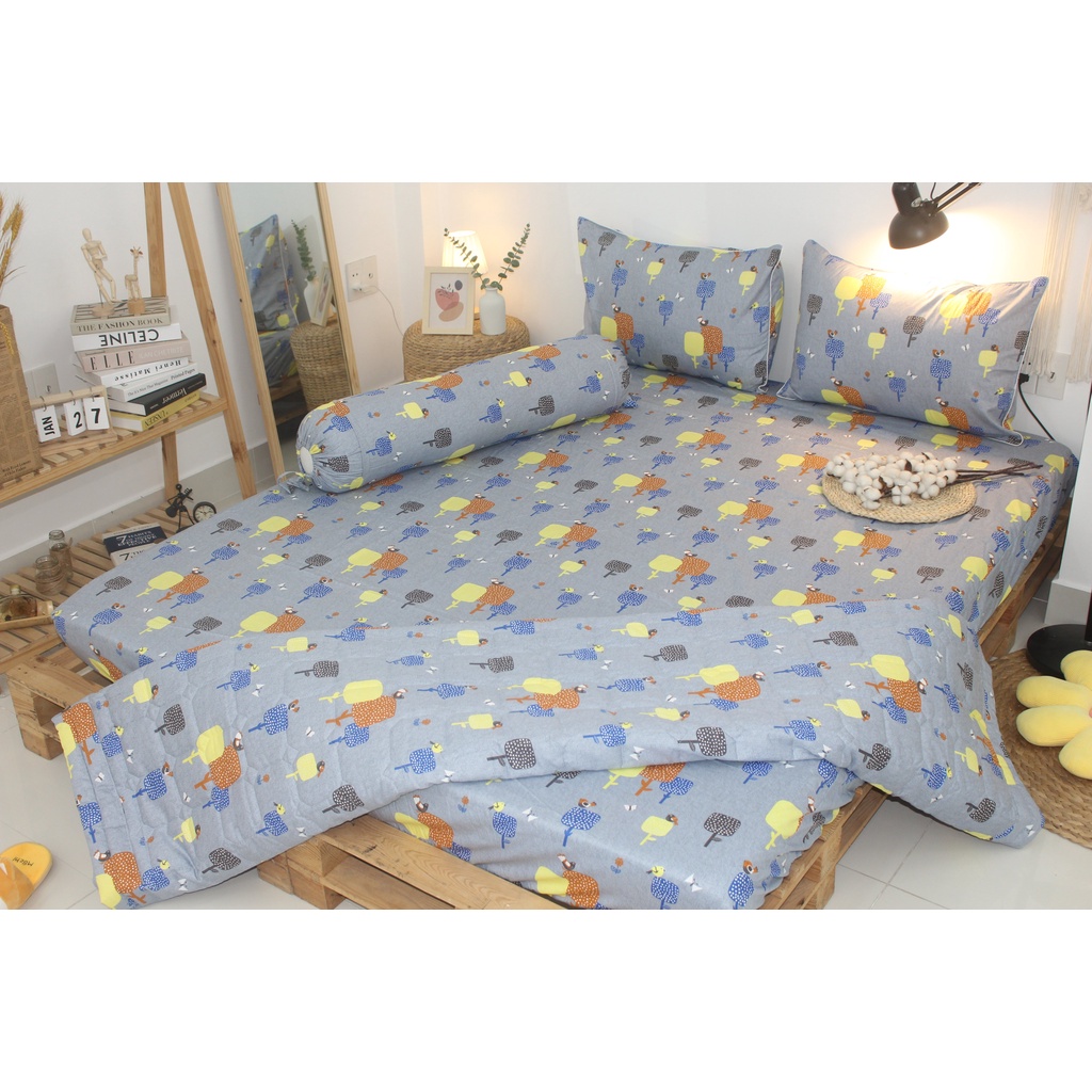 Bộ drap gối KHA LY - cotton thiên nhiên - Gardens-Xám - VN295