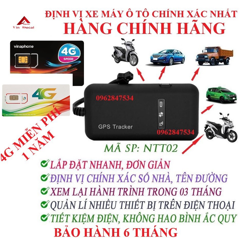 Combo Định Vị Xe Máy Ô tô NTT02 + Sim 4G - Xem Vị Trí Xe Qua Điện Thoại