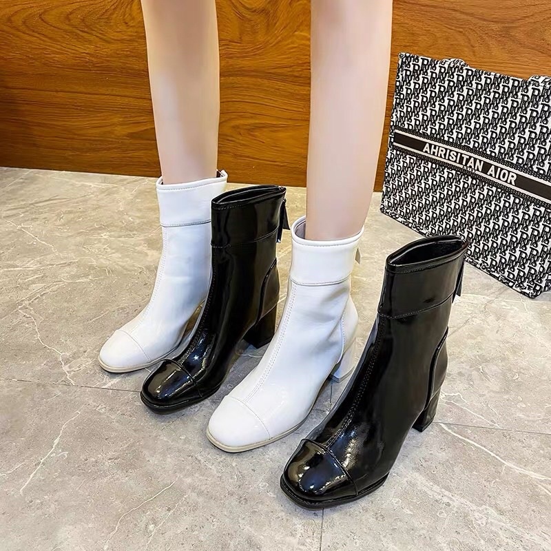 Bốt nữ cổ lửng da bóng Cao Cấp ChNel - giày boots nữ cao gót khoá sau hàng VIP