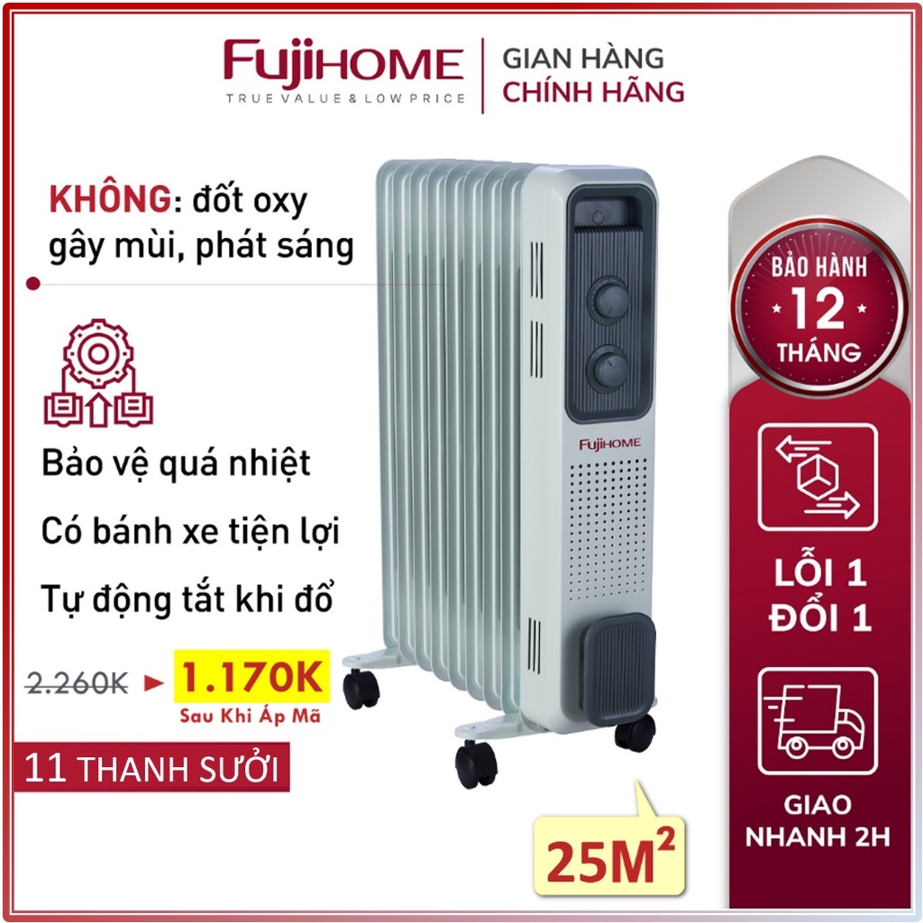 Máy sưởi dầu Nhật Bản Nhập Khẩu không khô da Fujihome 11 thanh, máy sưởi ấm điện tự ngắt không đốt oxy không gốm mini