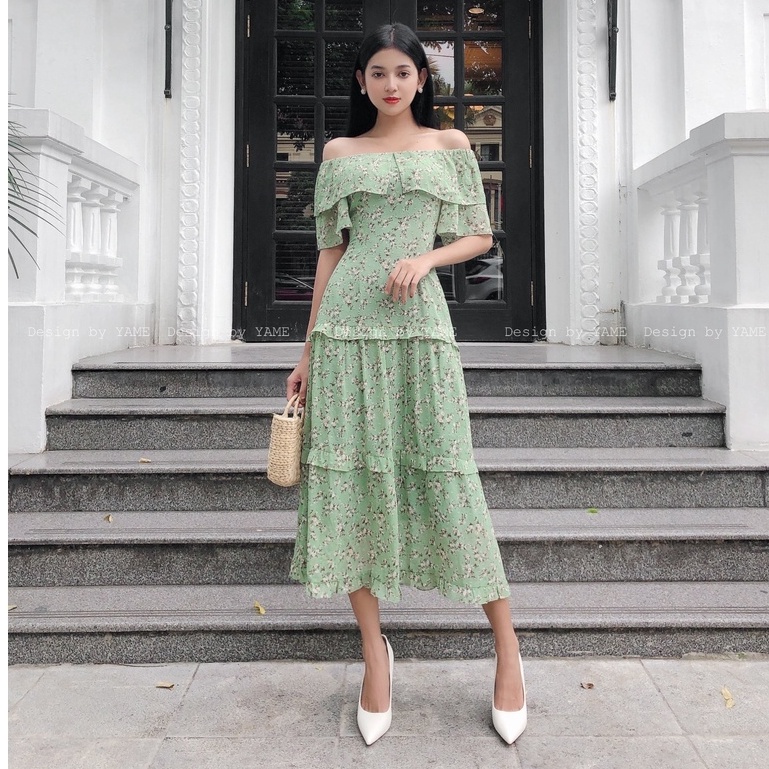 Váy hoa nhí xanh trễ vai chất tằm cao cấp 2 lớp đi du lịch YAME