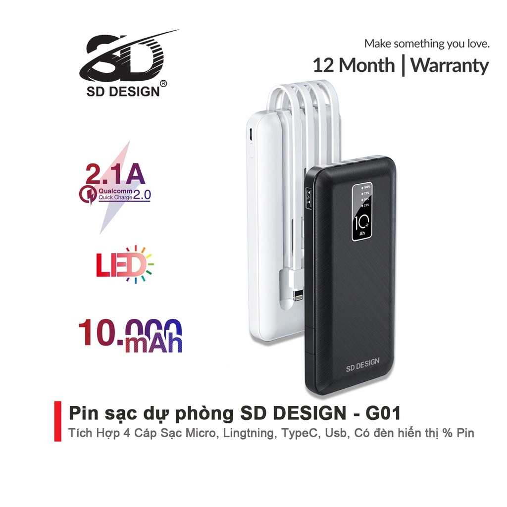 Sạc Dự Phòng Chính Hãng SD DESIGN G02 Dung Lượng 20.000 Mah Với Đầy Đủ Chân Sạc Cho Samsung, Xiaomi, Oppo, ...