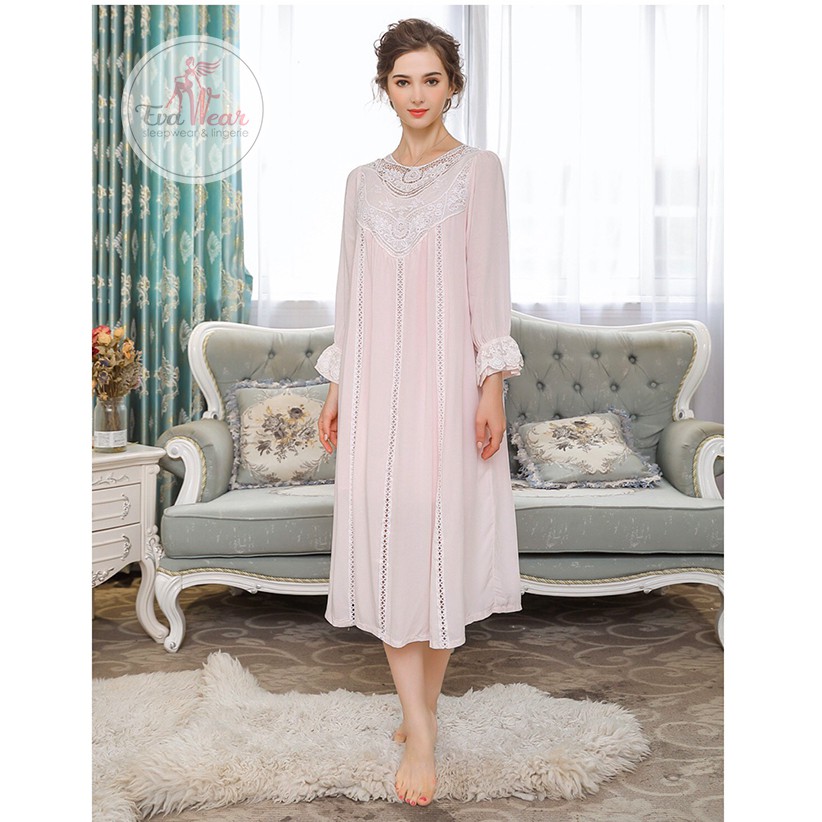 Đầm ngủ dài tay  2 lớp phong cách vintage