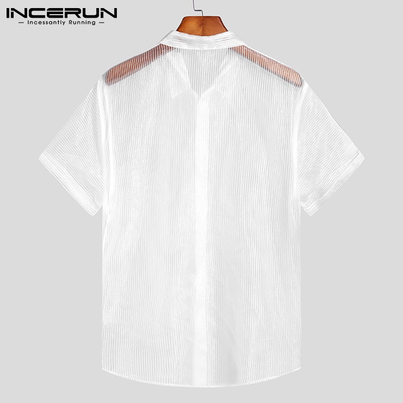 Áo sơ mi INCERUN tay ngắn họa tiết kẻ sọc thời trang cho nam