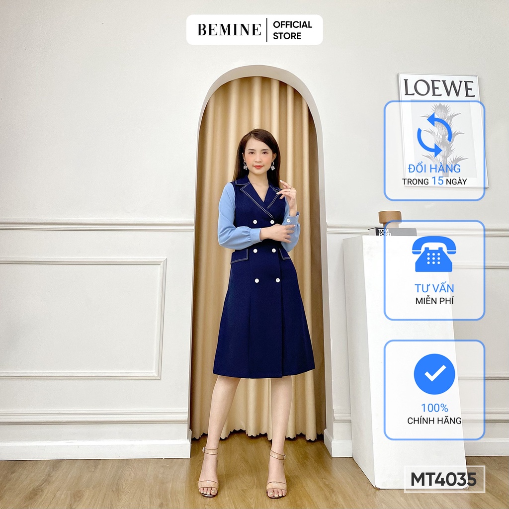 Đầm vest đính nút tay dài BEMIINE MT4035XANH ĐEN
