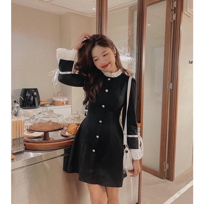 BEST SELLER - MINA DRESS - ĐẦM KAKHI ĐEN SANG CHẢNH PHA TAY TRẮNG