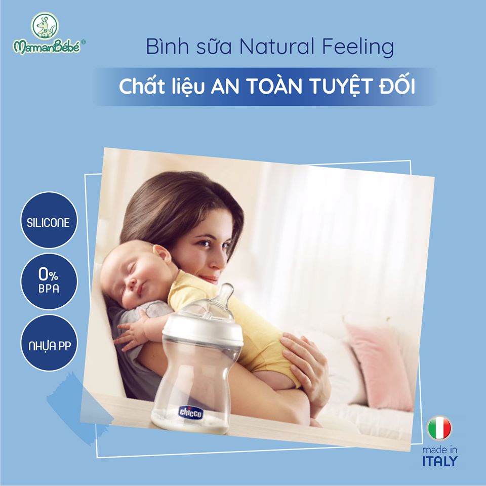 Combo 2 đồ Bình sữa núm nghiêng Pisa Natural Feeling 0M+ Chicco 150ml &amp; dung dịch rửa bình sữa và rau củ quả từ dầu cọ