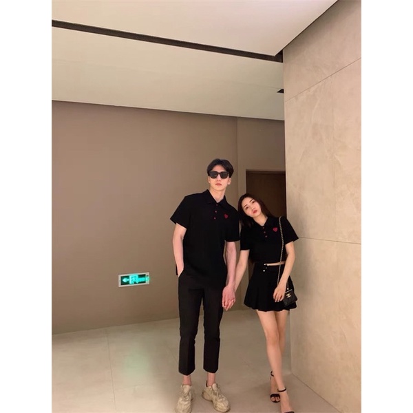 Set đồ đôi nam nữ áo polo nam - chân váy kèm áo nữ thuê hình trái tim thời trang KATE COUPLE