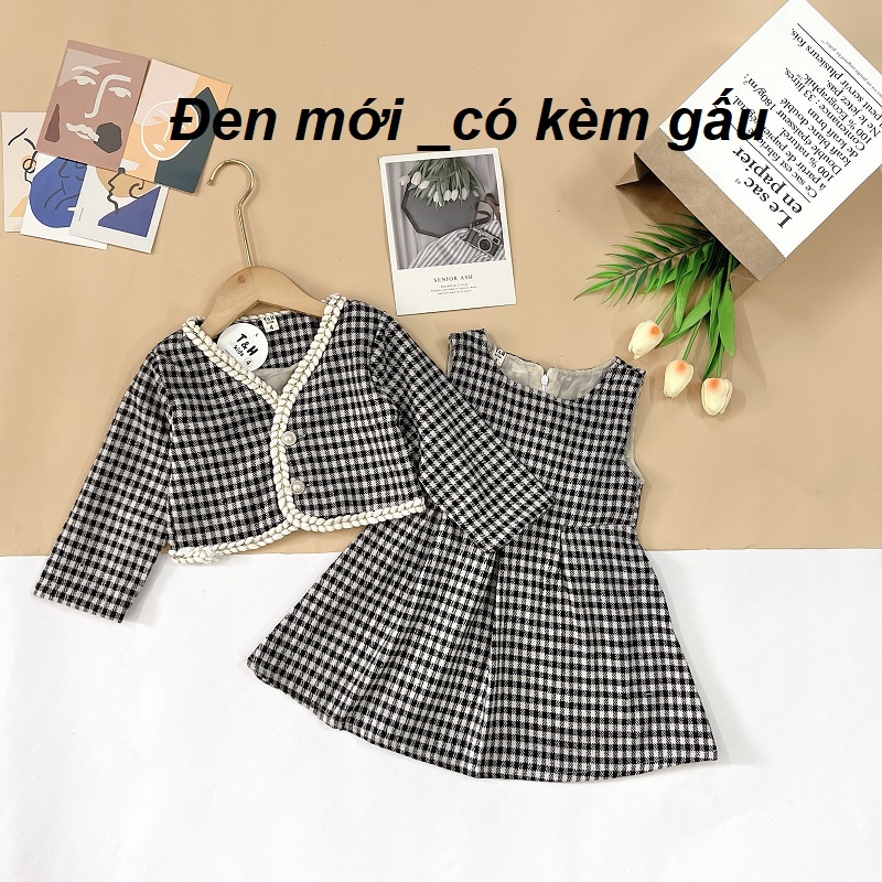 Set váy và áo khoác dạ kèm túi đeo gấu cho bé gái XHN769