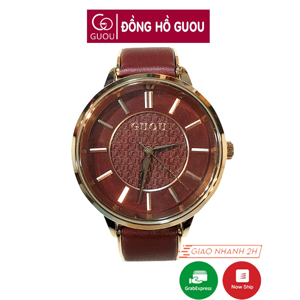 Đồng hồ nữ đeo tay dây da Guou viền mạ vàng chính hãng chống nước tuyệt đối 8195