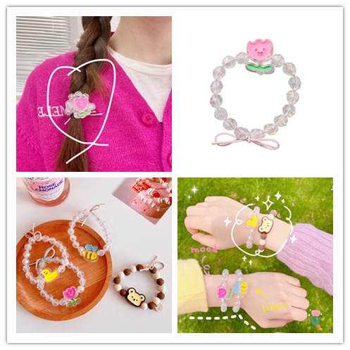 Dây Cột Tóc Cao Su Đính Hạt Hình Ong/Chú Ong/Hoa Tulip Dễ Thương Ngọt Ngào Cho Nữ