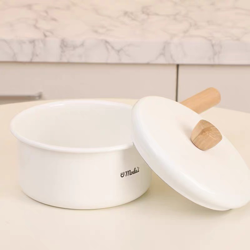 Nồi Sứ Modui Có Nắp Ấm Baby Tay Cầm Gỗ Dung Tích 2,3L Nấu Bột, Cháo Ăn Dặm Cho Bé Ấm Gift Decor