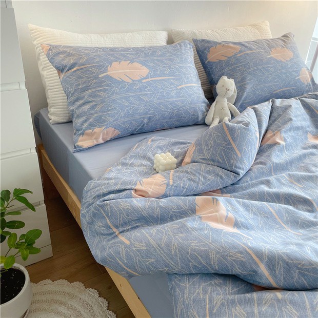 Bộ 4 món Chăn ga gối Cotton Living mẫu Lông Vũ Xanh.