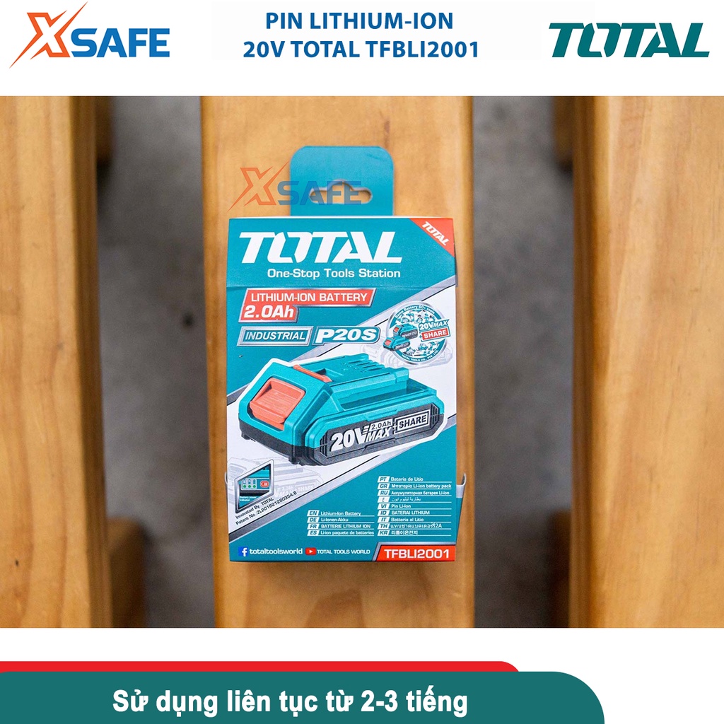 Pin Lithium-ion 20V TOTAL TFBLI2001/TFBLI2002, dung lượng 2-4Ah, đèn LED báo pin, tương thích nhiều dòng 20V TOTAL/INGCO