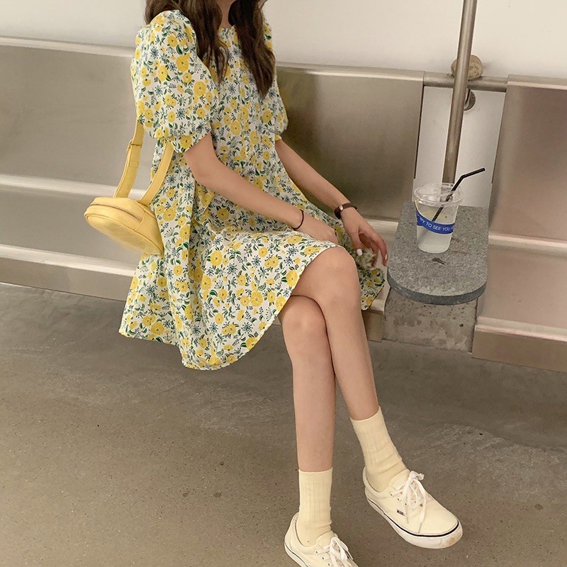 (SẴN) Váy hoa babydoll cổ tròn, tay bồng, dáng xoè có dây thắt đai eo (có ảnh thật) | BigBuy360 - bigbuy360.vn