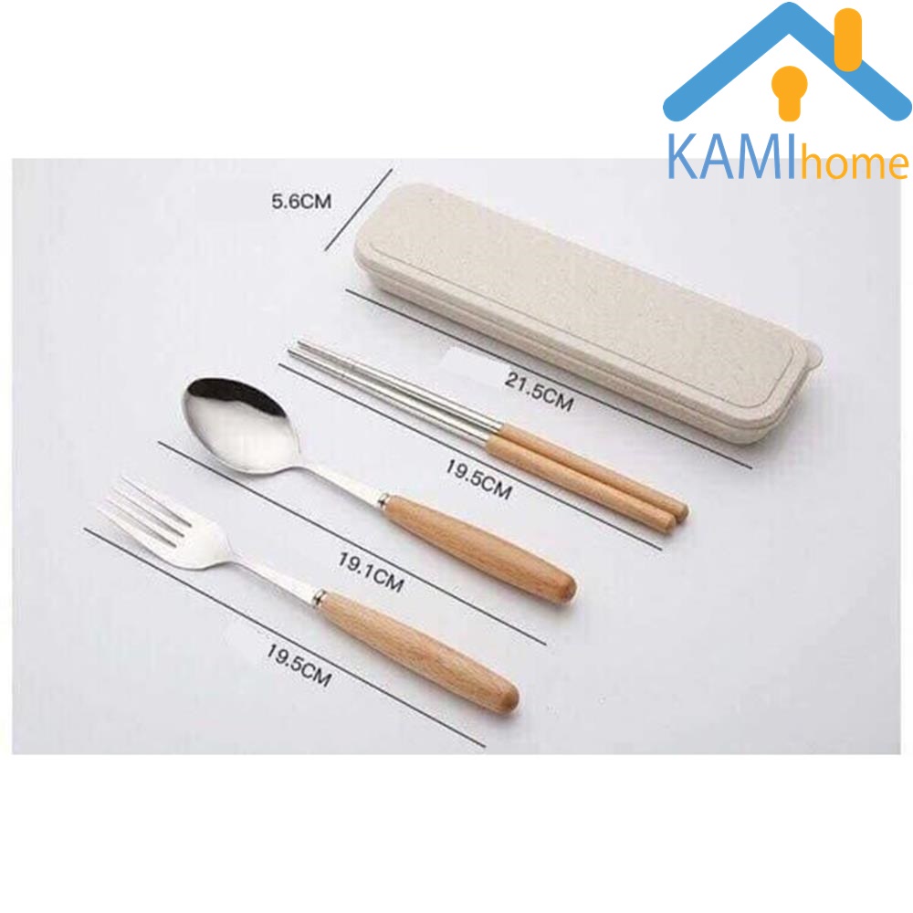 Bộ đũa thìa dĩa inox cán gỗ có hộp đựng cho dã ngoại và văn phòng KM20072