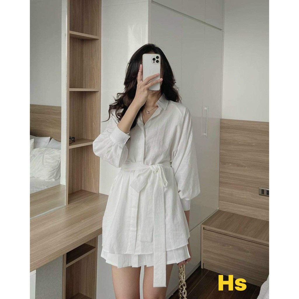 Set Váy Sơ Mi Kèm Đai Buộc, Váy Nữ Đẹp Màu Trắng Chất Liệu Đũi Cheery Store SP000044 | BigBuy360 - bigbuy360.vn