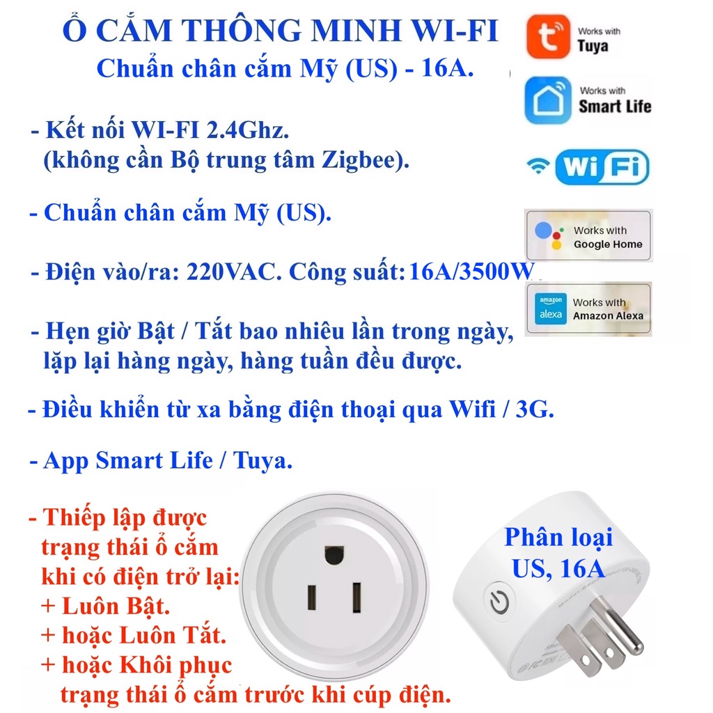 Ổ cắm Thông minh, Kết nối Wifi, Hẹn giờ Bật Tắt, Đo Công suất tiêu thụ 10A/16A, Hệ Tuya/Smart Life