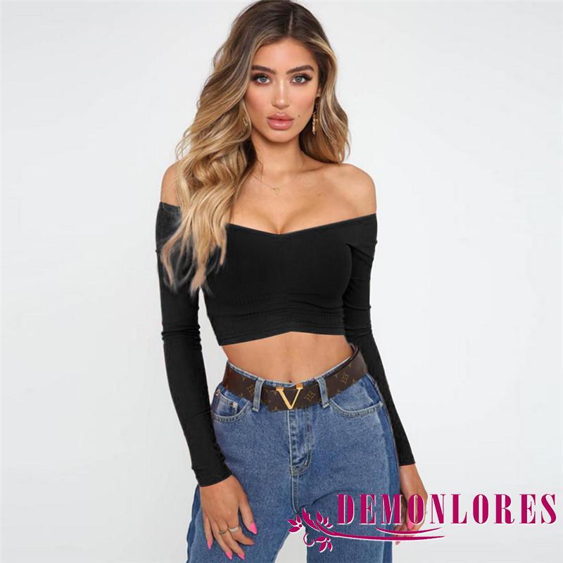 Áo Croptop Tay Dài Trễ Vai Màu Trơn Quyến Rũ Dành Cho Nữ