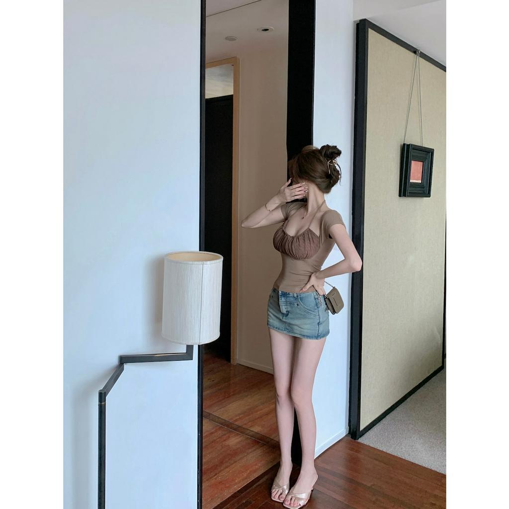 Cocory vn Áo Thun Tay Ngắn Cổ Yếm Dáng Ôm Thời Trang Mùa Hè Quyến Rũ Cho Nữ