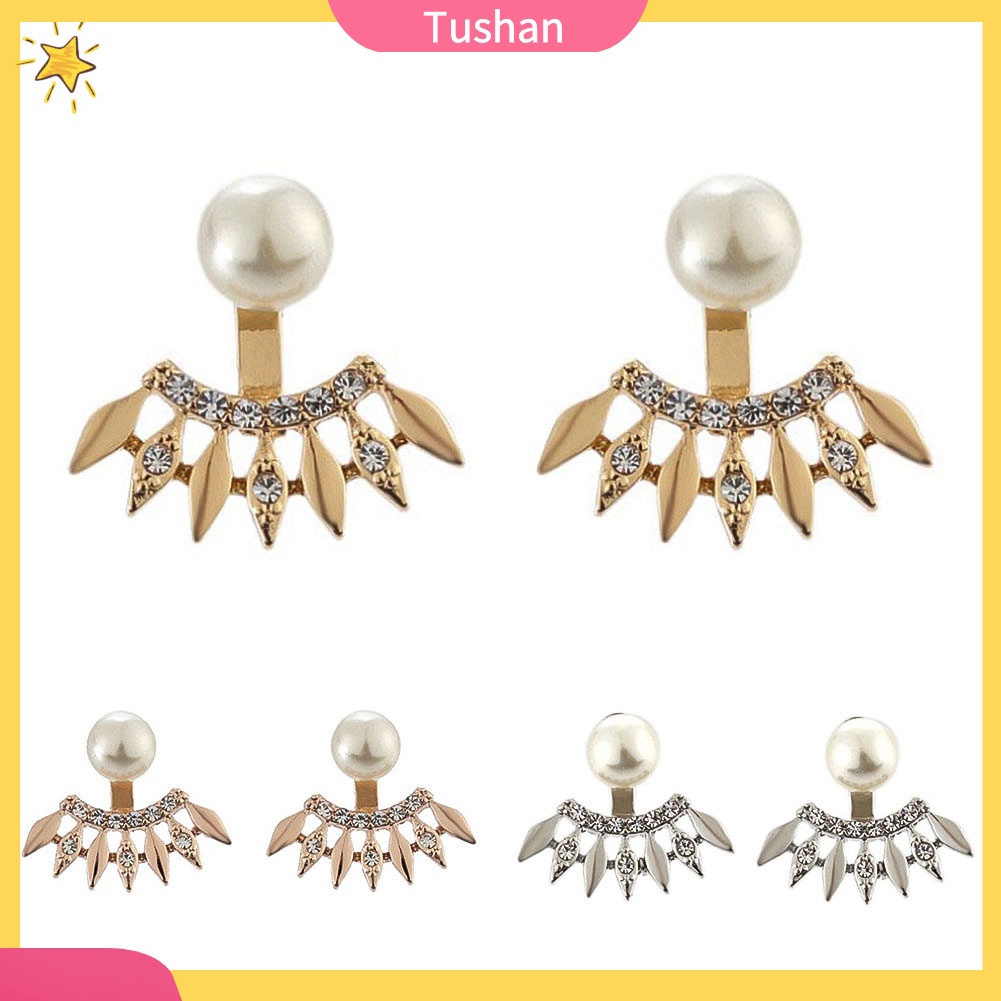 TUSH_Fashion Women Rhinestone Faux Pearl Fan Shape Ear Jackets Earrings Jewelry Gift