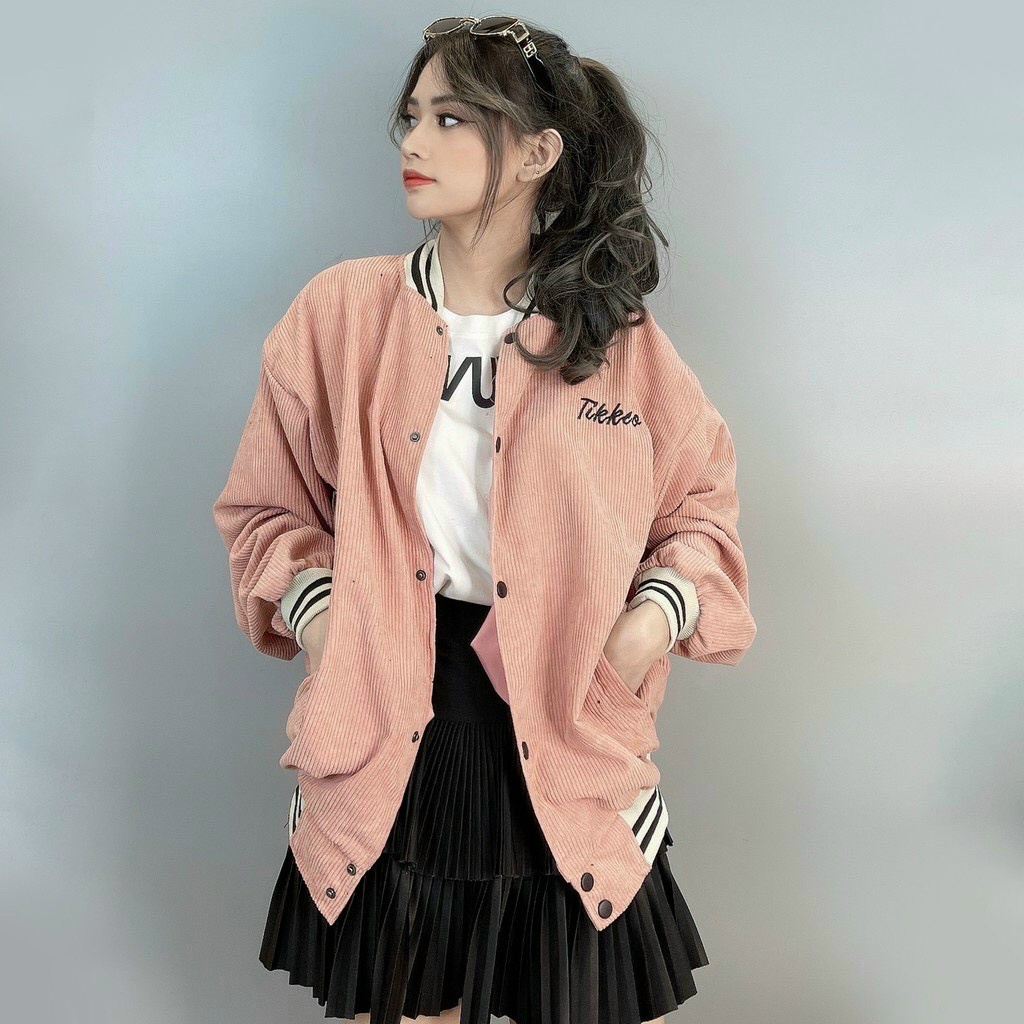 Áo Khoác Nhung Tăm Thêu Chữ TIKKER ❤ Áo BomBer Bóng Chày Nam Nữ Phong Cách Hàn Quốc
