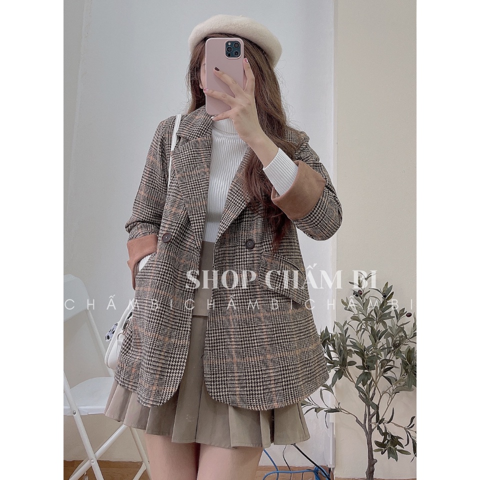 Áo khoác dạ A.264, Áo khoác blazer dạ kẻ 2 lớp tay gập pha be