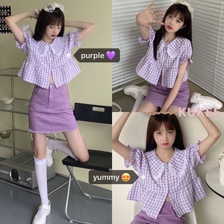 Set Áo Sơ Mi Tay Ngắn Cổ Búp Bê Sọc Ca Rô + Chân Váy Lưng Cao Màu Tím Dễ Phối Đồ