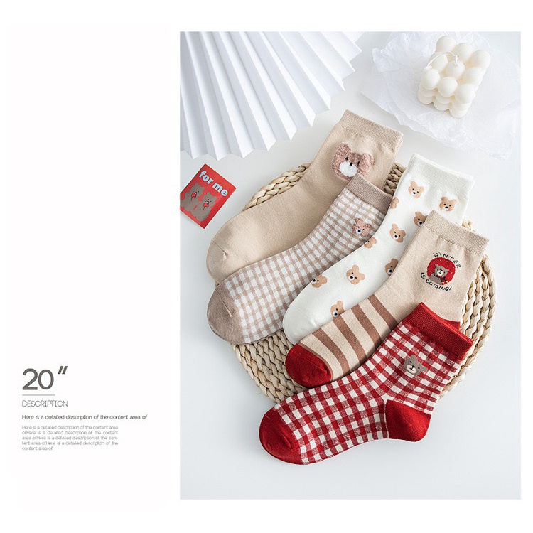 Set 5 đôi tất cổ cao Bivota vớ gấu họa tiết dễ thương phong cách Hàn Quốc T73