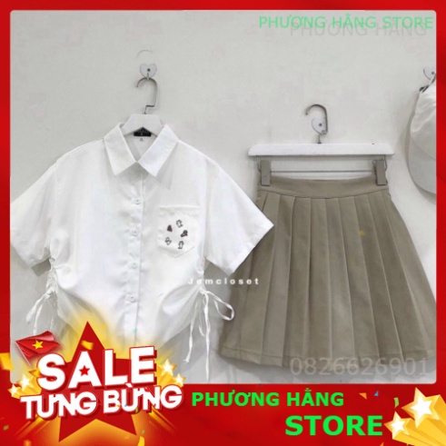 KOREA ÁO SƠ MI TRẮNG RÚT 2 BÊN HÔNG NỮ - Áo croptop sơ mi dây rút eo KOS Đen Trắng Túi Ngực Hình Thỏ - PH💎👑